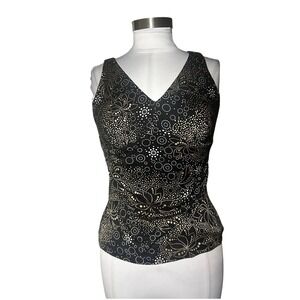 Y2K Talbots Pure Silk Tank Top 4P Black Gold Floral Dot Print Sleeveless Blouse